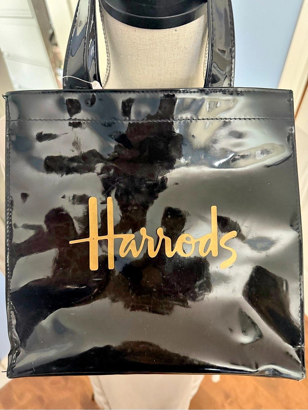 Harrods Signature Logo Patent Shopper Tote or lunch Bag Black